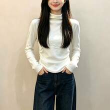 White Semi-High Neck Long Sleeve T-Shirt Base Layer, Women's Autumn/Winter Fashion Commute Warm Inner Wear, Brushed Fleece Wrinkled Crop Top - White - View 6
