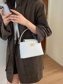 白色女款手提包 新款百搭水桶包 小眾通勤單肩斜挎包 時尚購物 PU 皮革包 - 白色 - 查看 7