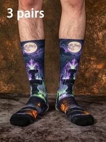 1/3 Pairs Men's Mid-Calf Socks With Creative Fountain And Moon Pattern, Funny Halloween Gift Socks - Multicolor - View 6