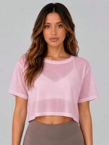 Never me Women's Breathable Sports Top, Semi-Sheer Loose Design, Flattering Fit, Short Sleeve T-Shirt, Suitable For Pilates, Yoga And Cycling - Pink - View 3