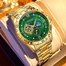 1pc Men's Yellow Angular Case Green Starry Sky Dial Moon Phase & Star Multi-Window Display Luxury Automatic Tourbillon Mechanical Wristwatch - Mouldless - View 3