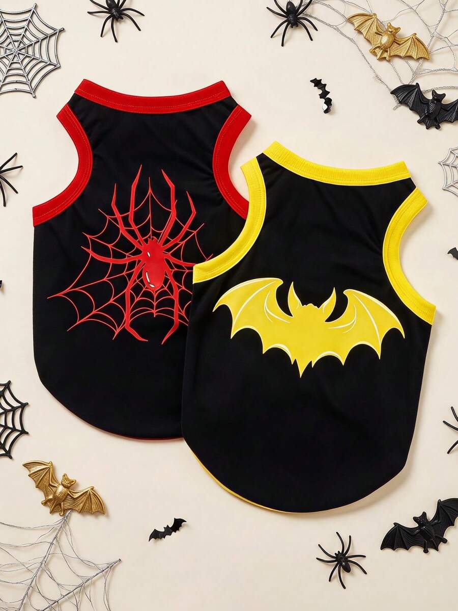 PETSIN 2pcs/Set Polyester Spider & Bat Print Anti-Flea Anti-Shedding Breathable Pet Vest Jacket, Suitable For Cats And Dogs Indoor And Outdoor Use - Multicolor - View 1