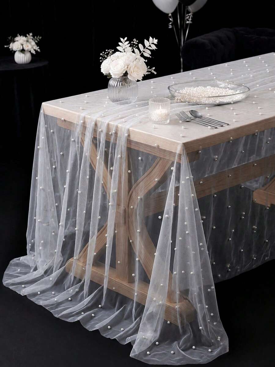 1件白色珍珠網格桌布，雙面聚酯纖維網格桌巾，尺寸220*130cm，婚禮裝飾、新娘派對裝飾、生日派對裝飾、宴會桌裝飾、週年紀念裝飾、桌面裝飾