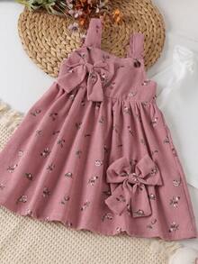 2pcs Young Girls Mori Style Comfortable Long Sleeve Top & Printed Corduroy Overall Dress Set, Thin Spring/Autumn - Pink - View 7