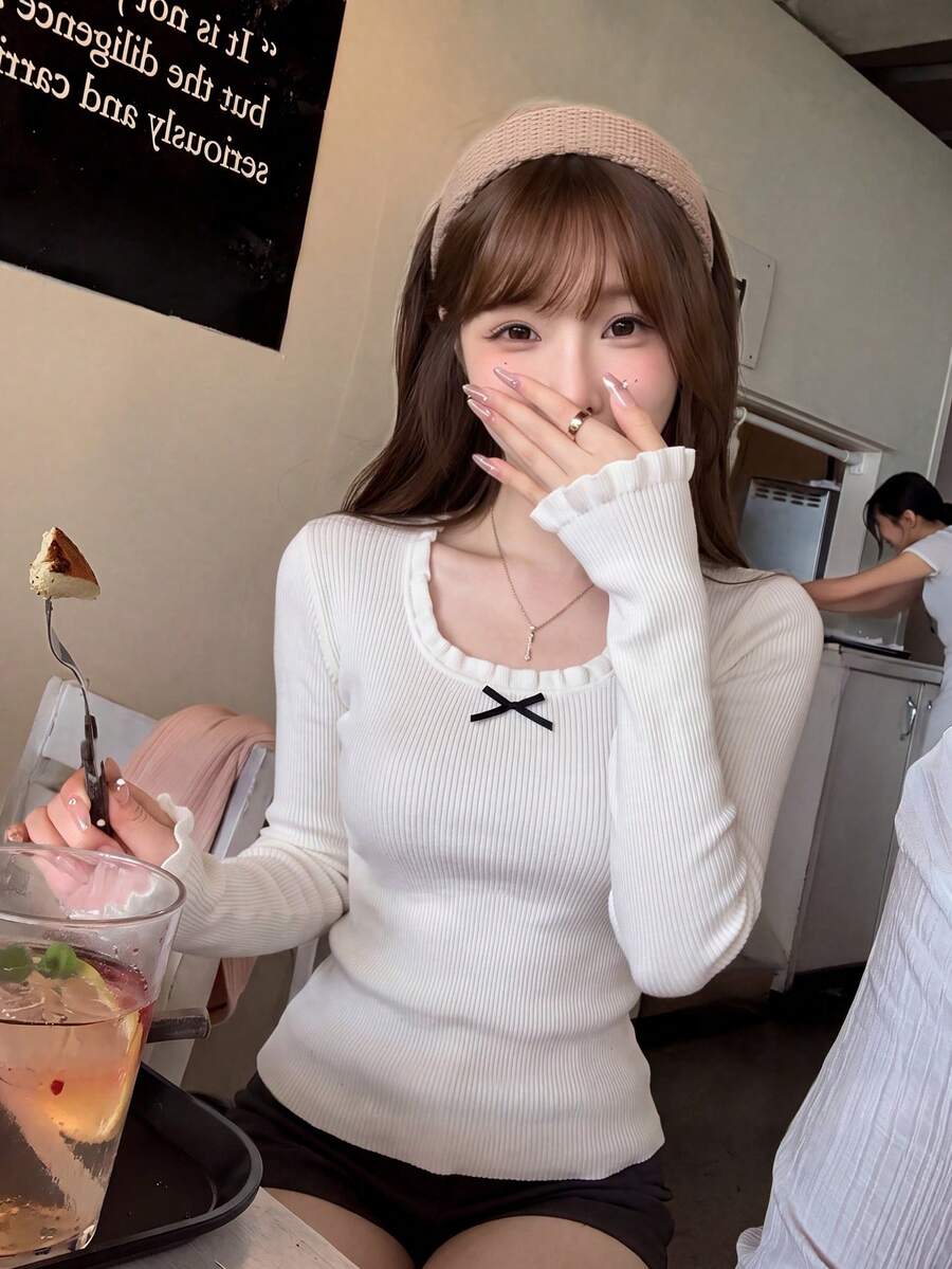 Sweet Desire Wood Ear Trim Square Neck Knitted Base Layer Top Women Spring Autumn New Slim Fit Ribbed Long Sleeve Blouse Bow Decor Slimming Inner Wear Sweater - White - View 1
