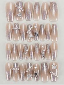 30Pcs Short Coffin Nail Tips, Vampire Inspired Metallic Glitter Press-On Nails, 1Pc Jelly Gel And 1Pc Nail Buffer Block Included, Suitable For Party, Dance, Daily Use Nail Supplies Nails - Multicolor - View 2