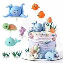 1 Set Or Single Ocean World Theme Cake Decoration Ornaments, Suitable For Baptism, Gender Reveal Party, Birthday Party Cake Decoration, Table Decoration (Please Use With Tray And White Stick, Not A Toy, For Decoration Only) - Multicolor - View 1