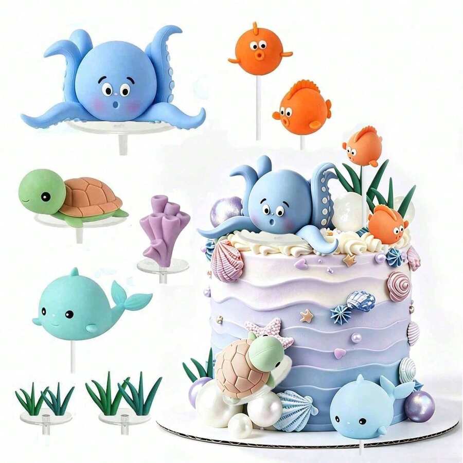 1 Set Or Single Ocean World Theme Cake Decoration Ornaments, Suitable For Baptism, Gender Reveal Party, Birthday Party Cake Decoration, Table Decoration (Please Use With Tray And White Stick, Not A Toy, For Decoration Only) - Multicolor - View 1