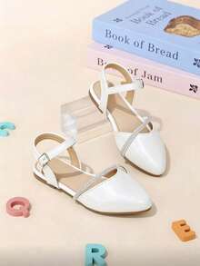 1 Pair Beige Girls' Rhinestone Thin Strap Decor PU Material Pointed Toe Closed Toe One-Strap Backless Flat Sandals, Gentle Minimalist Style, Suitable For Summer Outings, Birthday Parties, 2026 New Arrival - White - View 7