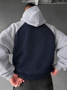 Men's Loose Drop Shoulder Colorblock Patchwork Hoodie Sweatshirt, Autumn/Winter - Navy Blue - View 4