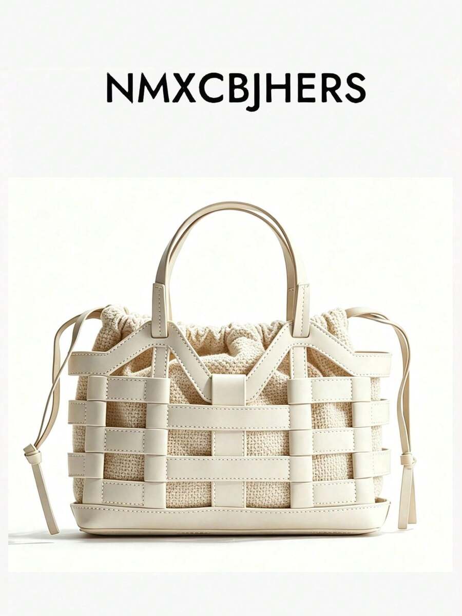 Vintage Hollow Woven Versatile Shoulder Handbag With Drawstring Storage Bag - White - View 1