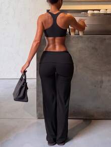 Y2K Fold-Over Waist Tummy Control Butt-Lifting Flare Pants, Black Slimming Long Pants For Autumn/Winter, Casual Versatile, Outdoor Fitness, Party Wear - Black - View 3