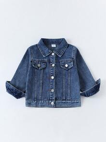 Kids Denim Jacket With Puppy Print On Back, Turn-Down Collar, Casual Top For Boys And Girls - Medium Wash - View 2