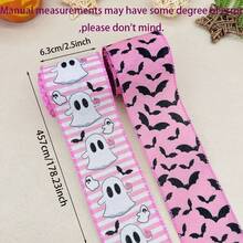 2 Rolls Halloween Fabric Ribbon, 359.84 Inches Per Roll, 2.5 Inches Wide, Pink Charming Bat And Ghost Pattern, Home And Party Decoration Craft Ribbon, No Power Required - Multiple Styles - View 7