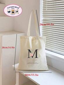 1pc Beige Floral Print Women's Canvas Tote Bag, Portable Shopping Bag For Daily Commute, Reusable Tote Bag - Beige - View 7