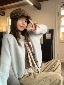 Áo nữ dáng ôm tay dài mùa thu, phong cách preppy casual phối màu color block, cổ kẻ sọc kèm nơ, 2 trong 1, gấu bèo nhún - Màu xám đen - Xem 8