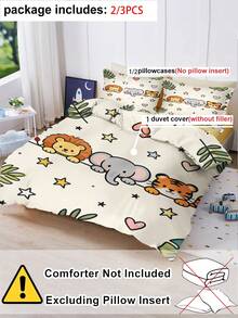 2/3PCS Cartoon Jungle Animals Duvet Cover Set, Cute Lion Elephant Tiger Bedding Set For Kids, Tropical Leaves Heart Star Pattern Bed Set(Twin/Queen/King Size) - Multicolor - View 5