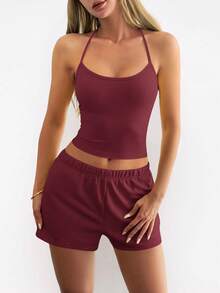 GLAMSKIN Conjunto básico de 2 piezas para mujer de verano/otoño, Camiseta de tirantes finos + Shorts con cordón, Vuelta al colegio, Salida, Vacaciones, Conjunto de playa elegante - Burdeos - Ver 11