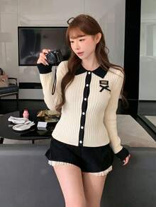 Sweet Y2K Contrast Color Bow Ribbed Knit Cardigan Women's Long Sleeve Slim Fit Cropped Sweater Top, Suitable For Summer Vacation, Back To School Casual Wear - Apricot - View 2