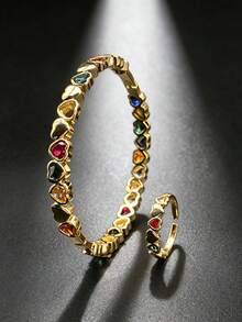 1set Luxury Gold Heart Multicolor Zirconia Bangle & Ring Set Inlaid Colorful Crystal Statement Jewelry For Daily Commute Decoration Anniversary Gift - Gold - View 7