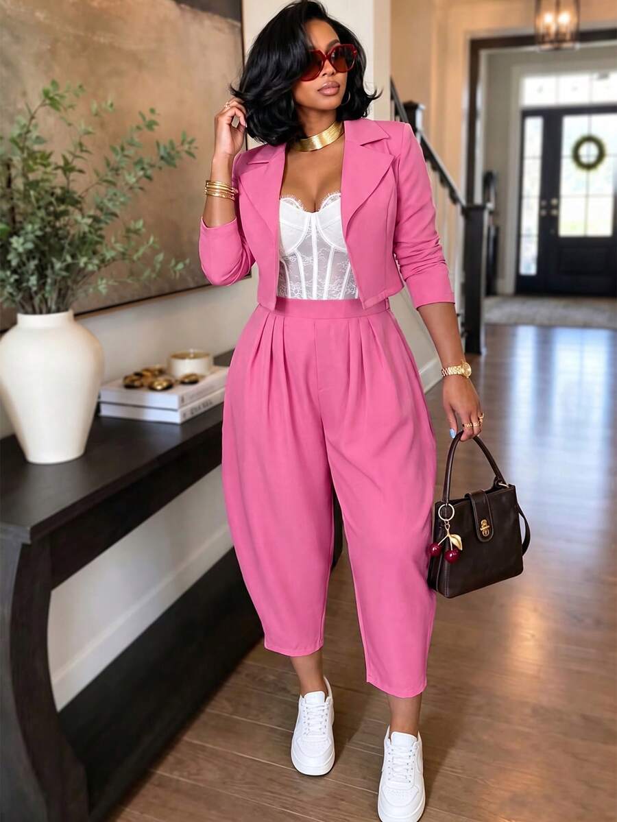 Fashion Pink Women's Suit Set, Short Lapel Blazer With Pleated Harem Pants, Regular Sleeves, Autumn Party 2 Pieces Set, Suitable For Daily, Commute, Holiday Fashion Occasions - Pink - View 1
