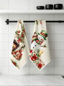 2pcs Kitchen Absorbent Towels, Made Of Polyester Material, Christmas Fireplace Snowman Pattern Print, Suitable For Kitchen, Bathroom, Ideal Choice For Housewives And Family Gatherings, High Cost-Performance Home Supplies, Great Room Decoration. - Multicolor - View 2