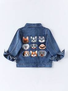 Kids Denim Jacket With Puppy Print On Back, Turn-Down Collar, Casual Top For Boys And Girls - Medium Wash - View 7