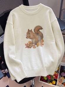Women's Halloween Cute Squirrel Pattern Knitted Pullover Sweater, Loose Fit, Autumn Back To School Daily Date Outfit - Apricot - View 5