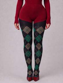 1 Pair Argyle Pattern Tights, Autumn/Winter Retro Green & Brown Diamond Check Elastic Full Foot Tights, Preppy Style - Multicolor - View 3