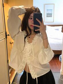 French Sweet Ruffle Trim Tie‑Up V‑Neck Long Sleeve Blouse, Loose Fit Cropped White Lantern Sleeve Shirt - White - View 2