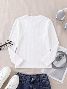 Girls' 3D Big Bow Striped Design V-Neck Long Sleeve T-Shirt, Autumn/Winter, Casual Outdoor Minimalist Fashion Versatile Elegant Preppy Style, Suitable For School, Commute, Social Gatherings - White - View 3