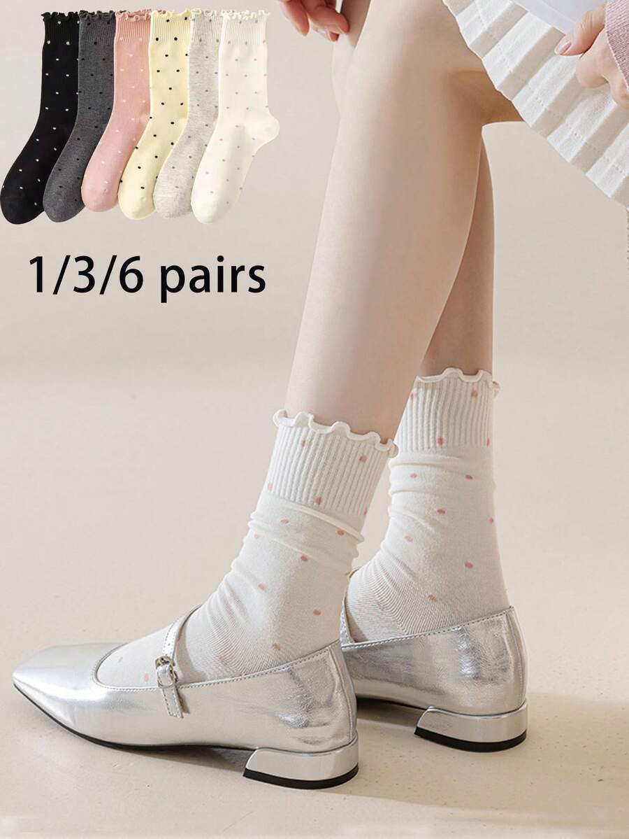 1/3/6 Pairs Korean Ins Style Ruffled Polka Dot Slouch Socks, Women's Mid-Calf Socks, Japanese Ballet Core Frilly Socks, For Autumn - Multicolor - View 1