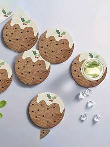8/4/1pc Christmas Pudding Wooden Coasters - Featuring Custom Festive Designs,Perfect For Home,Office,Cafe,Or Tea Room Decor And Holiday Table Settings.Heat-Resistant Coasters,Kitchen Accessaries,Christmas Housewarming Gift,Christmas Table Decor - View 2
