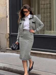 Bow Detail Button Front Knit Cardigan And Midi Skirt Set, Long Sleeve, Slim Fit, Soft Stretch, Grey Elegant Fall Winter Sweater Sets For Women - Grey - View 3