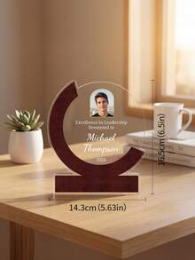 1pc Custom Photo And Text Acrylic Wood Plaque Award, Crescent Circle Personalized Trophy, Engraved Recognition Award For Leadership Excellence, Employee Appreciation Desktop Keepsake Gift - Multicolor - View 7