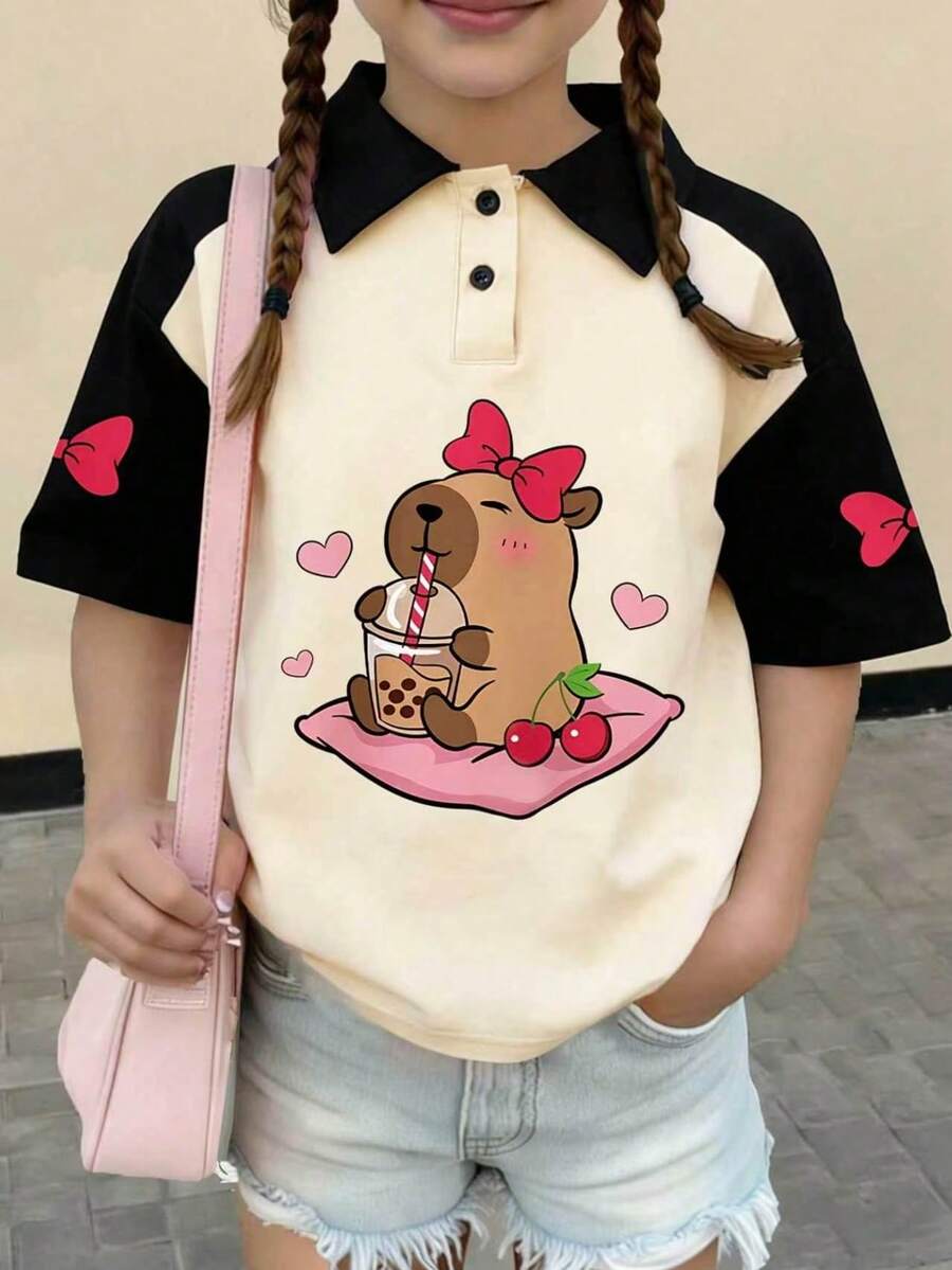 Girls' Cute Capybara & Bow Print Short Sleeve Polo Shirt, Patchwork Sleeve, Spring/Summer - Apricot - View 1