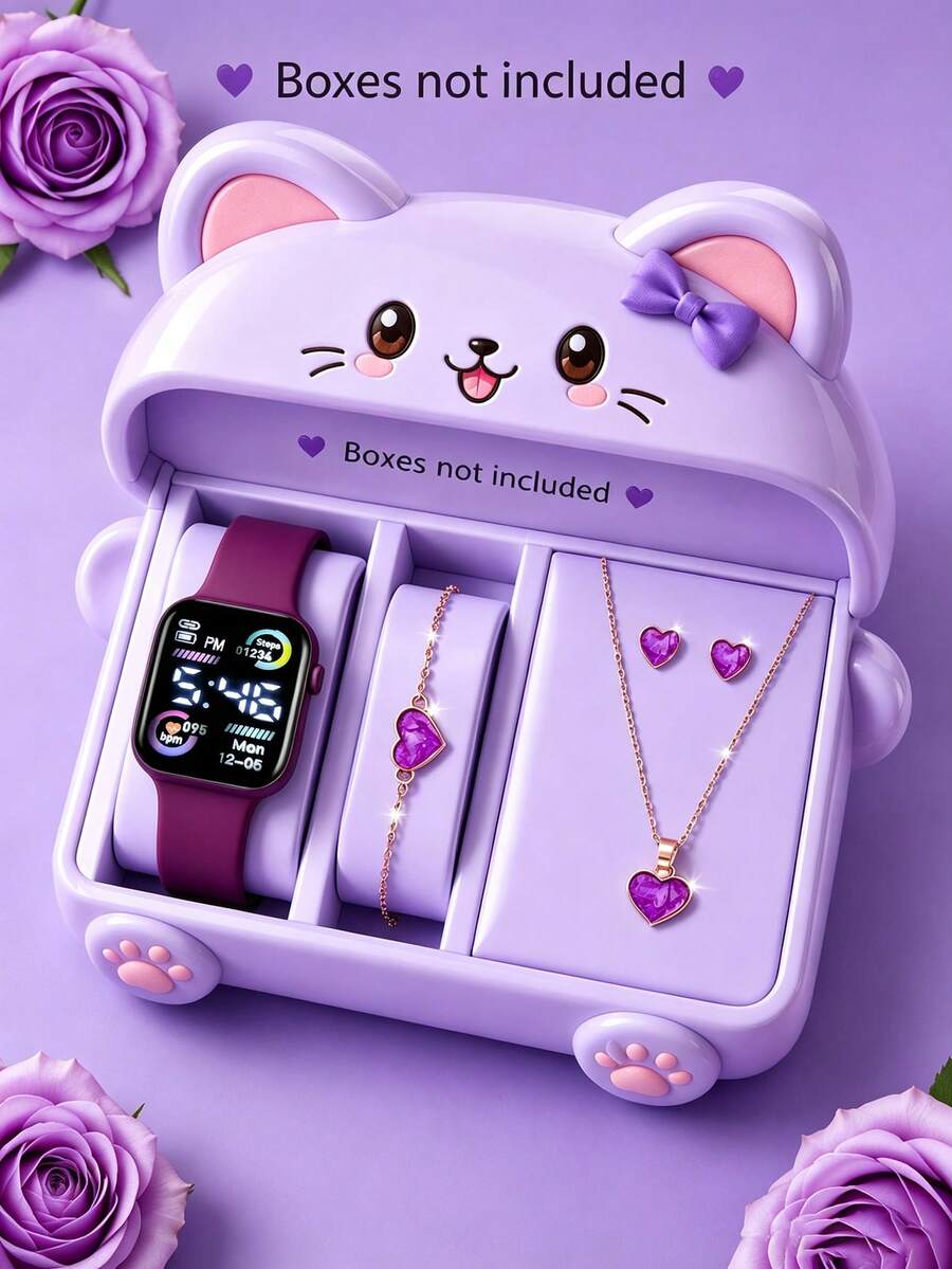 5Pcs/Set Children's Purple Square Electronic Watch With Heart Element Bracelet, Necklace, Earrings, Perfect For Student Party, Gathering, Birthday Wear, Calendar Pattern Display Fashionable And Versatile, Ideal Gift For Girls On Christmas, Halloween, Thanksgiving And Other Holidays (Gift Box Not Included) - Multicolor - View 1