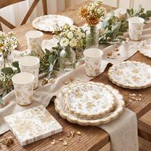 10/20/40Pcs,Golden Floral Toile‑Style Disposable Party Tableware Set,Vintage Botanical Floral Chinese‑Inspired Printed Paper Plates,Cups & Napkins,Gold Scalloped Rim Party Tableware For Bridal Shower,Wedding Banquet,Tea Party & Dessert Table Decor - Multicolor - View 4