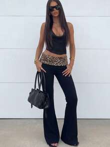 Women's Low Waist Casual Patchwork Contrast Color Leopard Print Wide Leg Pants - Black - View 3