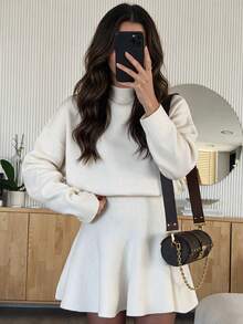 PoPoHouse Women's Autumn/Winter Stand Collar Long Sleeve Knit Dress, Gentle Elegant High Waist A-Line Short Style, Suitable For Daily Commute - White - View 4