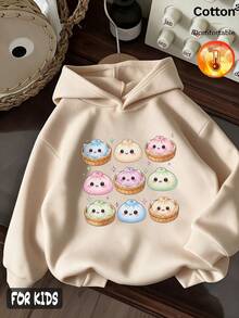 Autumn/Winter 3 Pieces Set: Girls' Fleece Hoodie With Donut, Pink Bow, "Pink" And "Let Me Sleep" Prints, Y2K Style - Apricot + Apricot + Apricot - View 3