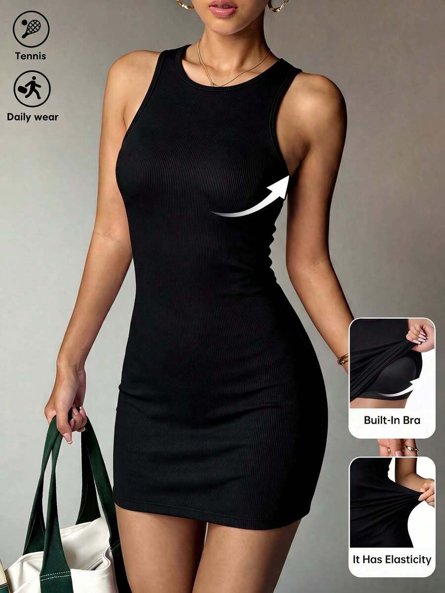 Autumn/Winter Ribbed Tank Top Bodycon Dress 2-In-1 With Built-In Padded Cups Solid Color Versatile Comfortable Minimalist Slimming Casual Wear Women's Shaping Dress - Black - View 1