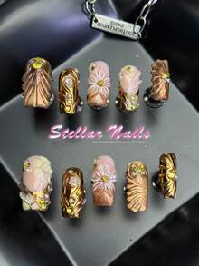 10pcs Handmade Full Coverage Medium Square Press-On Nails, Ginger Color Fake Nails, Silver Cat Eye Design, Hand-Carved, Removable Fingertip Stickers, Includes Jelly Glue And Nail File, Suitable For Dates, Weddings, Girls' Night, Y2K Style Manicure - Ginger - View 2
