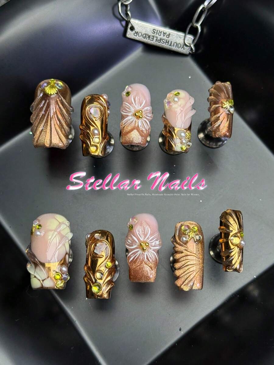 10pcs Handmade Full Coverage Medium Square Press-On Nails, Ginger Color Fake Nails, Silver Cat Eye Design, Hand-Carved, Removable Fingertip Stickers, Includes Jelly Glue And Nail File, Suitable For Dates, Weddings, Girls' Night, Y2K Style Manicure
