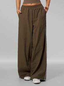 MFVIM Women's Autumn/Winter New Elastic Waist Striped Patchwork Wide Leg Loose Straight Leg Sports Fitness Yoga Pants, Slimming, Breathable, Drapey Design - Mocha Brown - View 8