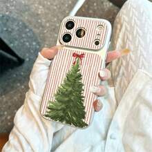 1pc TPU Material Vintage Striped Christmas Tree & Bow Pattern Phone Case Compatible With IPhone 17 Pro Max/17/16 Pro Max/15/14/13/12/11 Full Coverage Anti-Drop Soft Shell Protective Cover - Silver - View 3