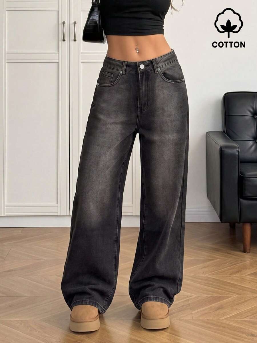MYOURSA High Waist Street Style Campus Outfit Y2K Loose Wide Leg Denim Jeans For Women - Black - View 1