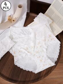 HANQIYA 4 cái/gói quần lót tam giác nữ bằng cotton cạp cao thoáng khí, viền ren, đính nơ - Nhiều màu - Xem 4