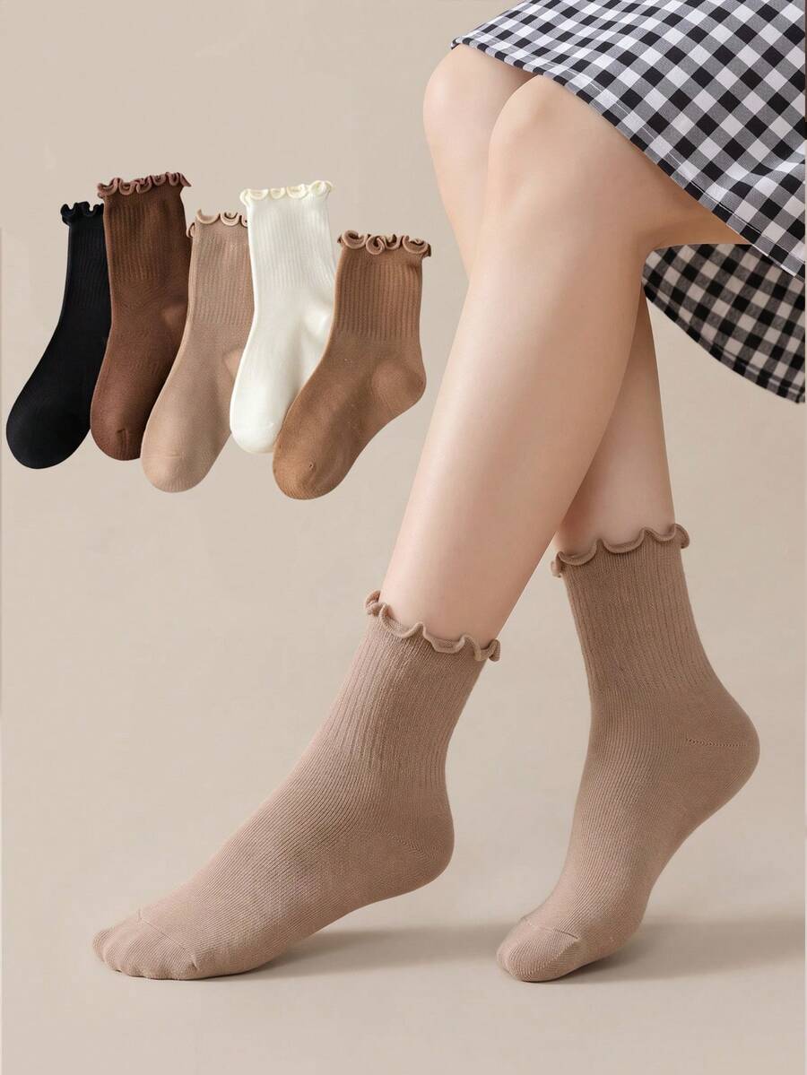 1/6 Pairs Random Color Women Ruffle Frill Ribbed Crew Socks, Soft Comfort Socks For Fall Winter Halloween Accessories And Casual Wear - Multicolor - View 1