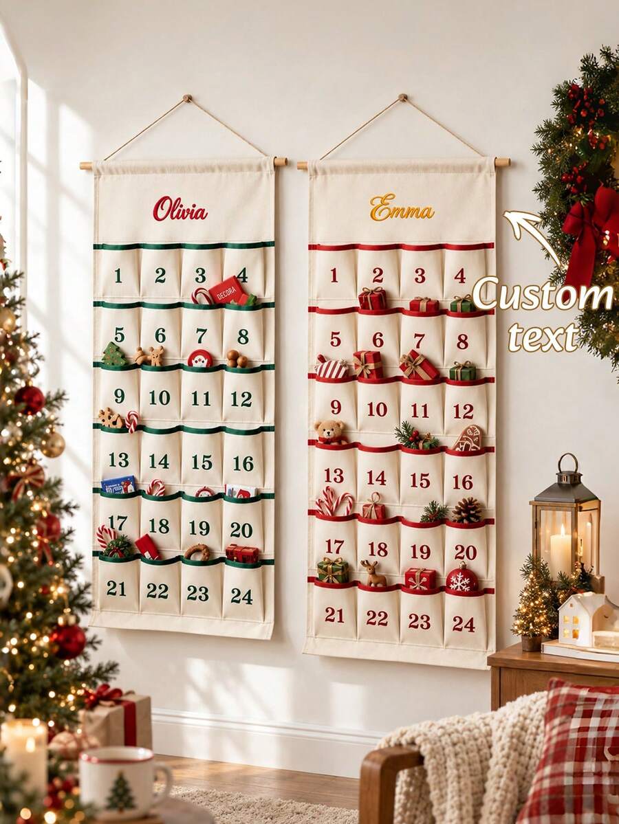 1pc Custom Embroidered Christmas Advent Calendar Wall Hanging Storage Decor, Personalized Name Hanging Scroll With 24 Pockets, 2 Available Styles, Indoor Wall Home Decor, Ideal Holiday Gift For Family And Friends